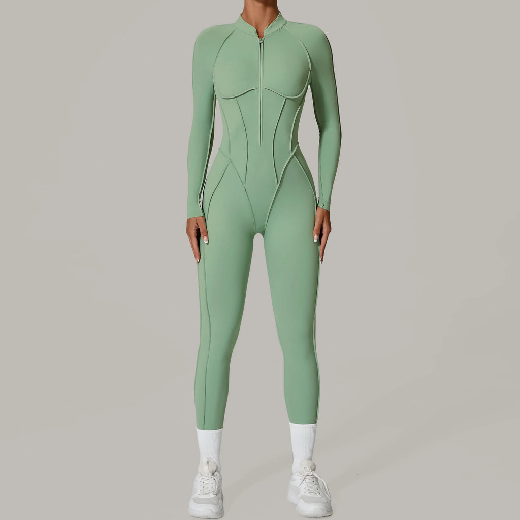 Women's Long Sleeve Zip Front Back Cutout Workout Jumpsuit