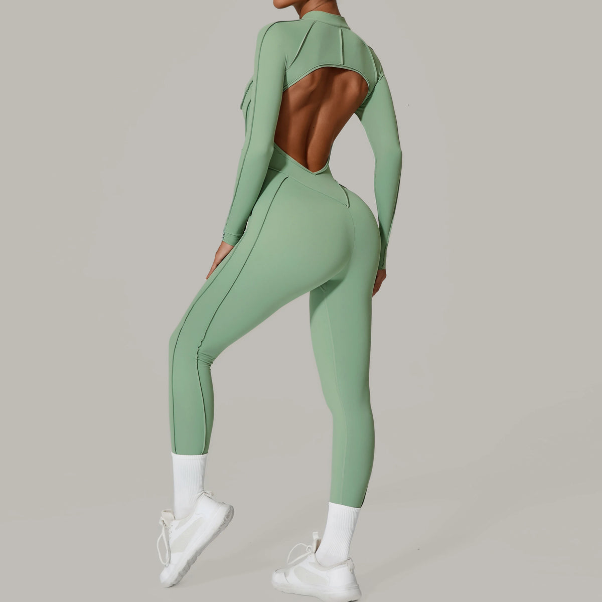 Women's Long Sleeve Zip Front Back Cutout Workout Jumpsuit