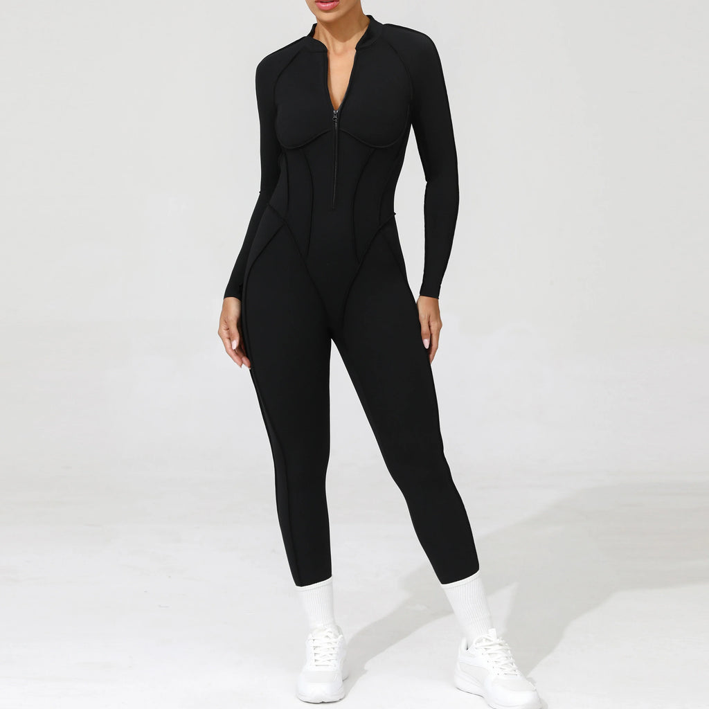 Women's Long Sleeve Zip Front Back Cutout Workout Jumpsuit