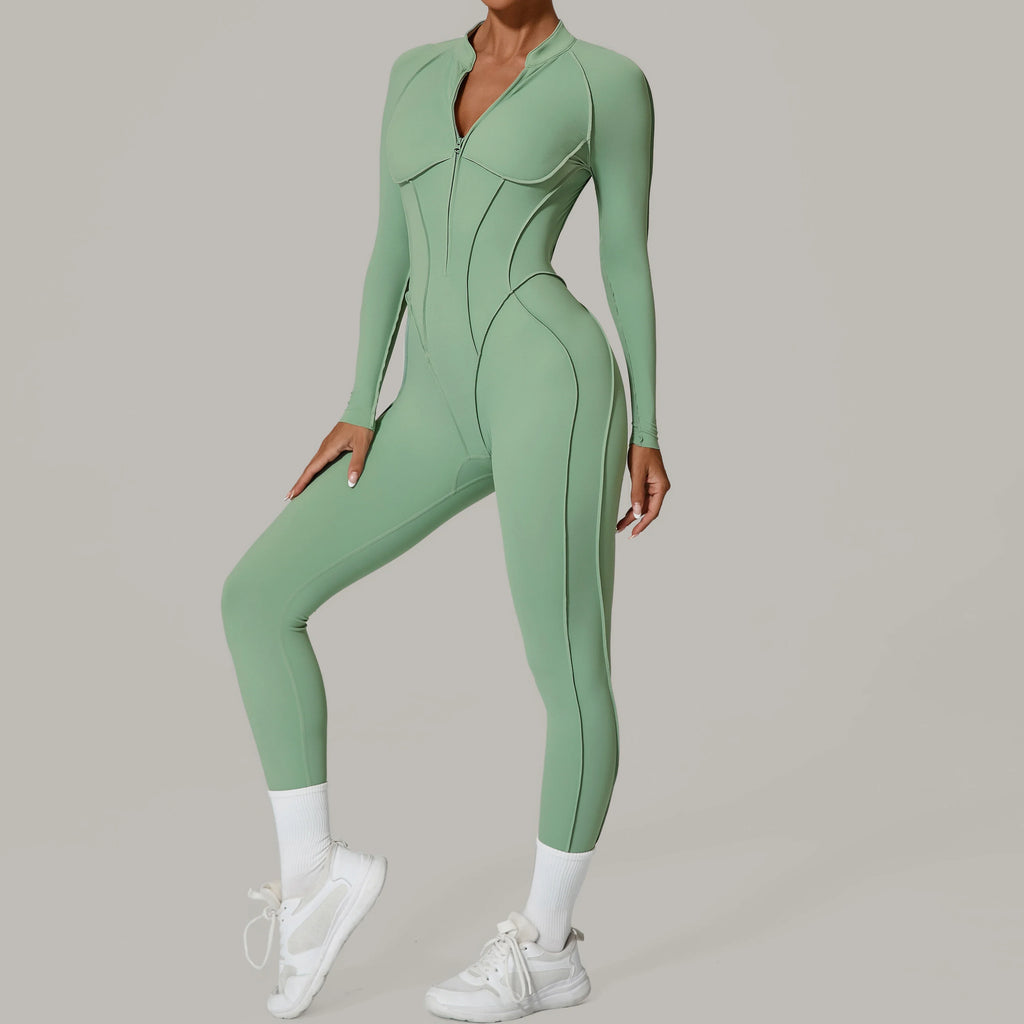 Women's Long Sleeve Zip Front Back Cutout Workout Jumpsuit