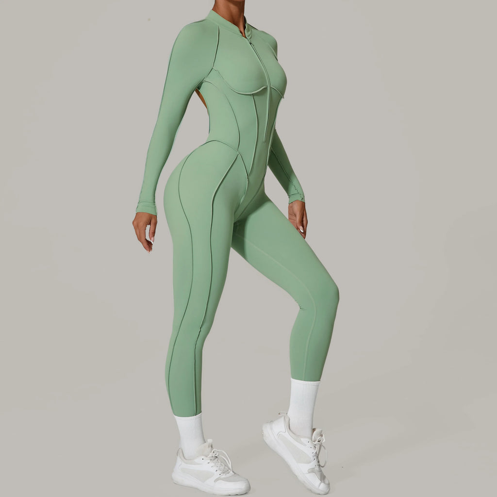 Women's Long Sleeve Zip Front Back Cutout Workout Jumpsuit